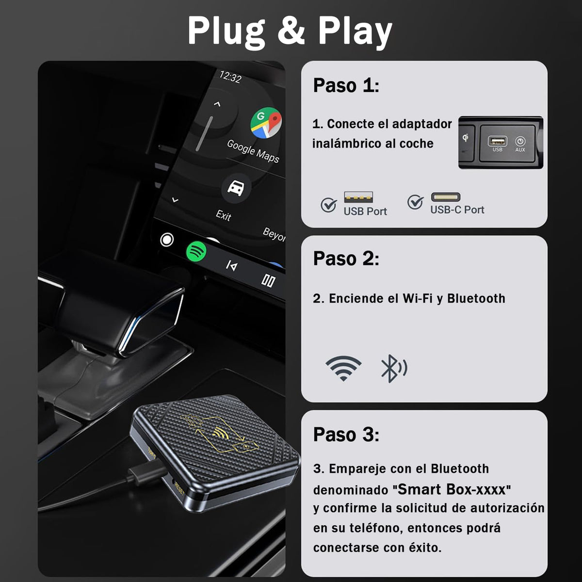 Adaptador Inalámbrico TEVSWCD 5GHz WiFi para CarPlay y Android Auto 2 en 1