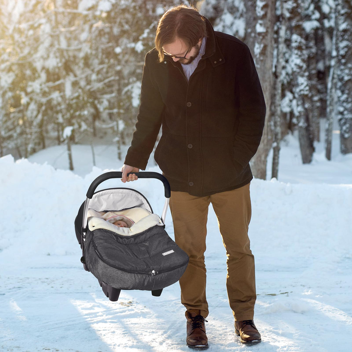 Funda de Asiento de Coche Orzbow Beige con Cuello Ajustable para Bebés de Invierno