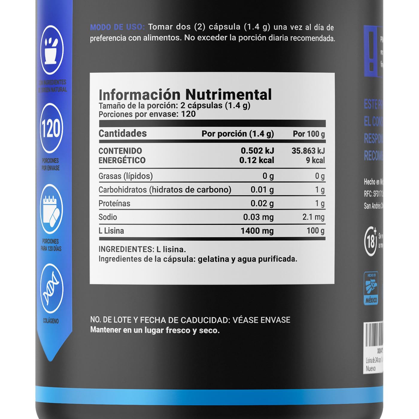 Lisina Pura de 240 cápsulas 1400 mg por porción. Aminoácido esencial. Ingredientes 100% Naturales. Pure Lysine B Life.