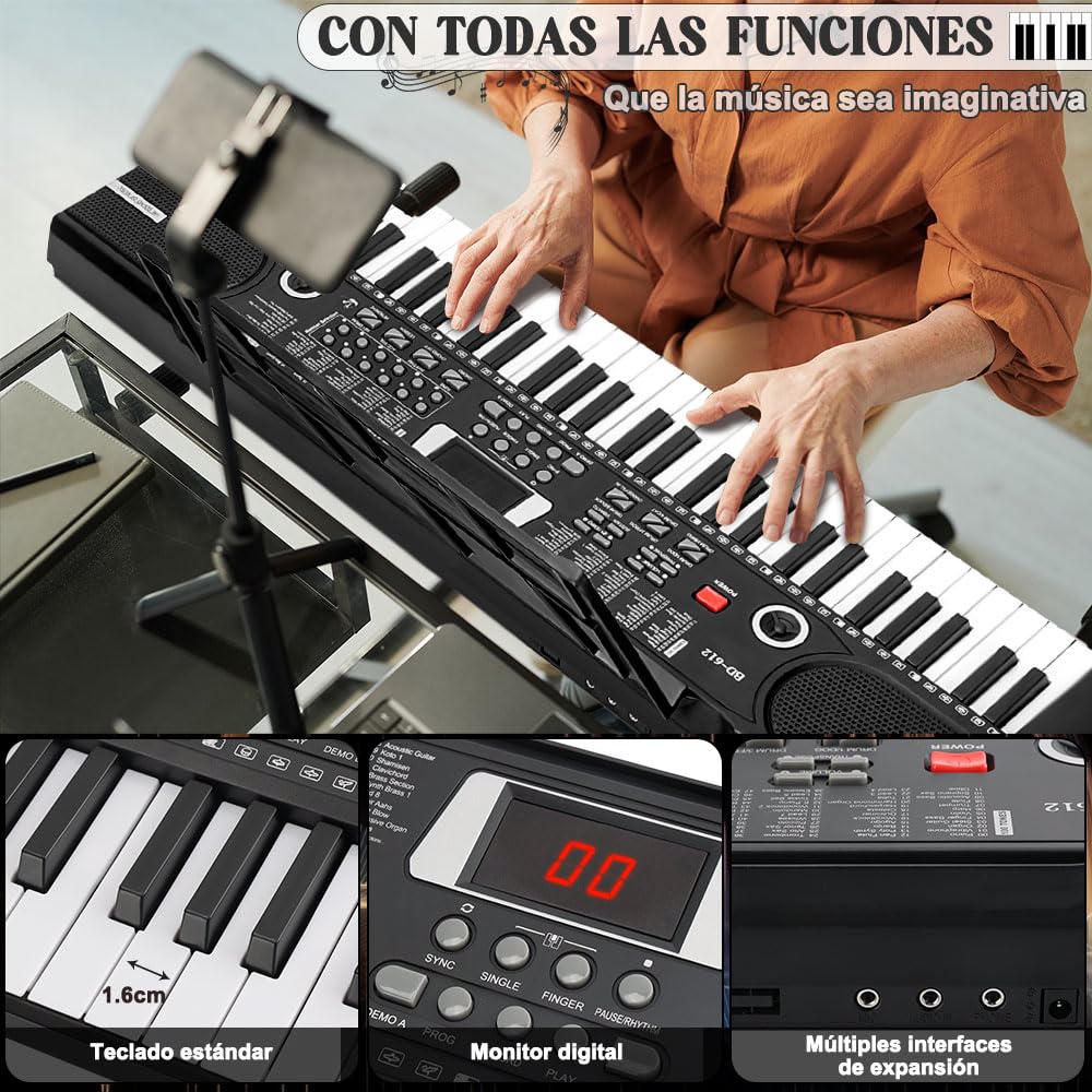 Gopnaty Piano Digital Multifuncional, Piano Eléctrico con 61 Teclas, Piano Eléctrico Multifuncional, Teclado Portátil de 61 Teclas, Piano con Función de Micrófono, Teclado Musical