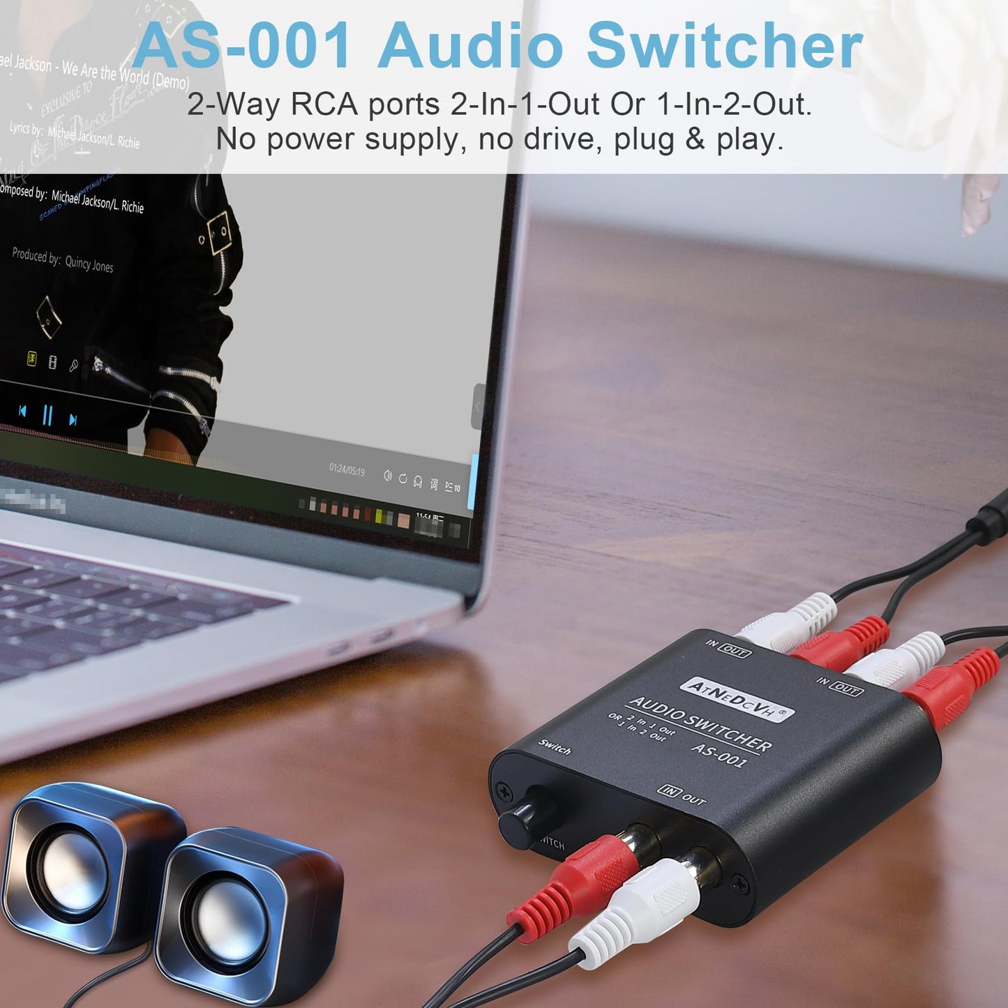 AtNeDcVh RCA / Puerto de 3,5 mm 1 en 2 salida/2 en 1 salida bidireccional conmutador de audio bidireccional, altavoz estéreo de 2 vías L/R de canal de sonido para auriculares