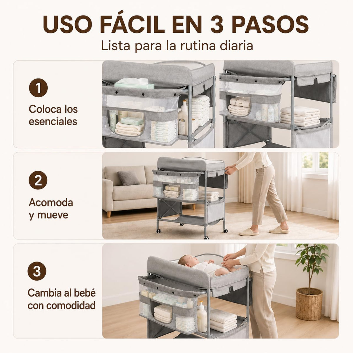 Cambiador para Bebe Plegable,Estación de Cambio de Pañales Impermeable Versátil,Ajustable en 3 Alturas,360°Ruedas,Mobile nursery for newborns