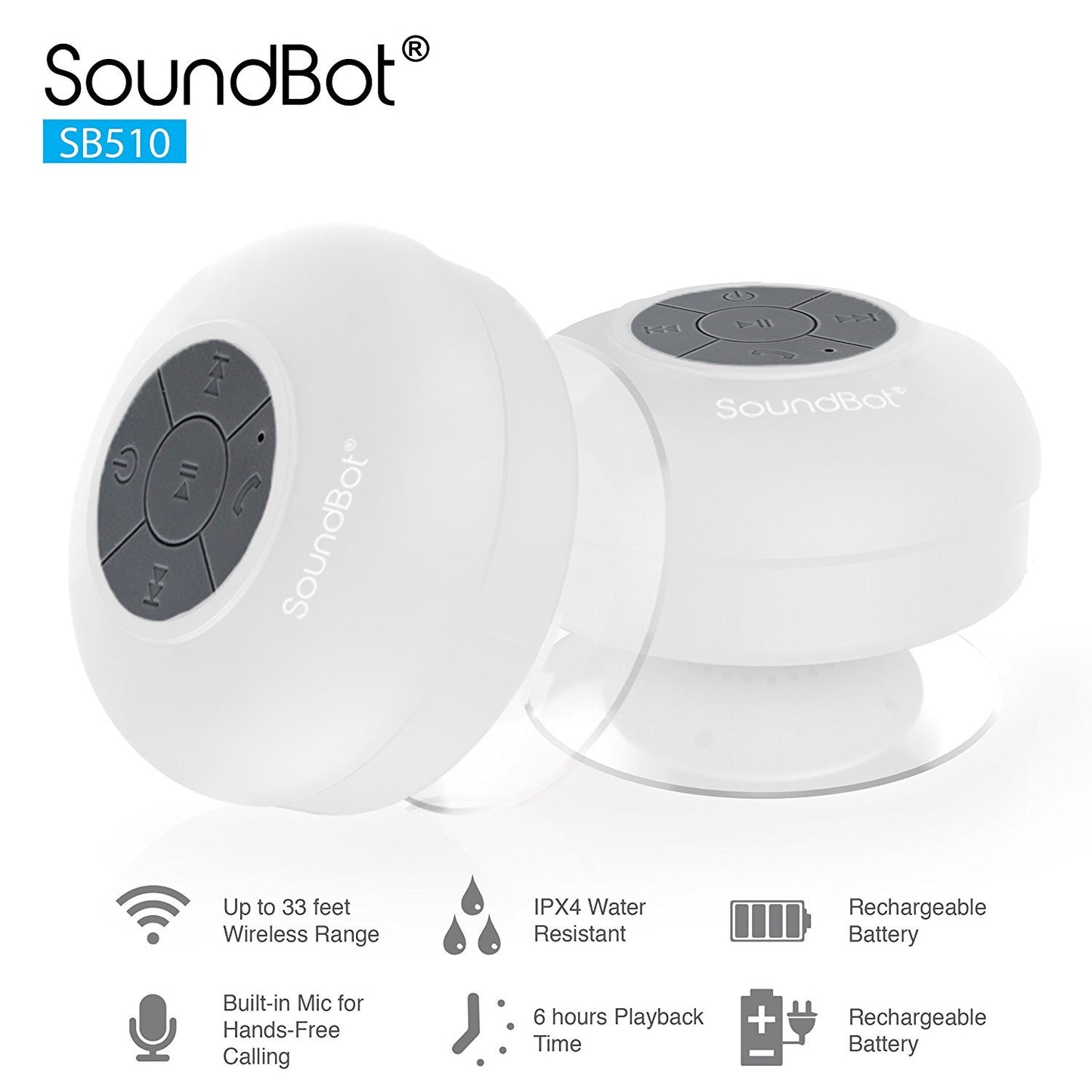 SoundBot® SB510 HD Water Resistant Bluetooth 3.0 Shower Speaker, Handsfree Portable Speakerphone with Built-in Mic, 6hrs of playtime, Control Buttons and Dedicated Suction Cup for Showers, Bathroom, Pool, Boat, Car, Beach, & Outdoor Use (White)