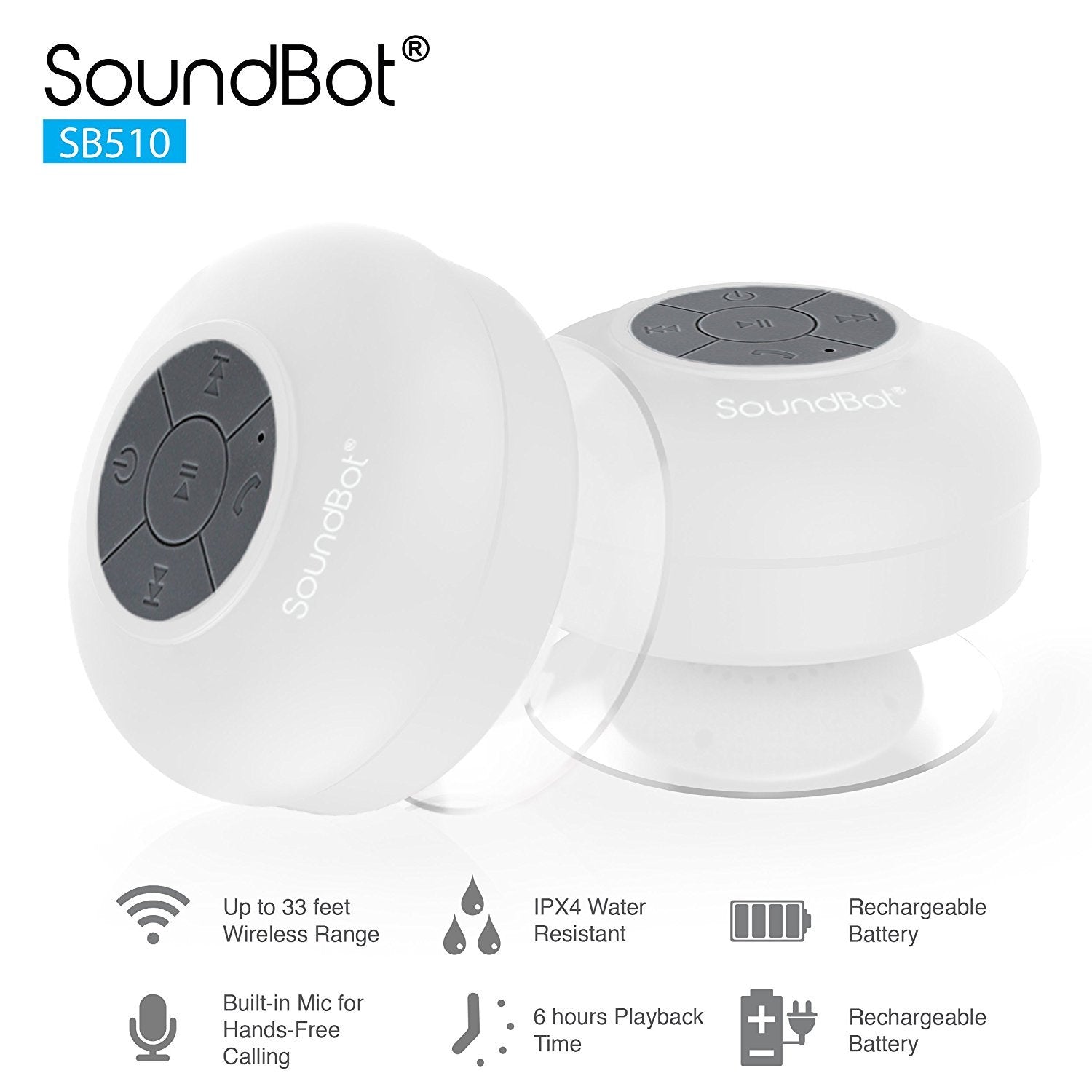 SoundBot® SB510 HD Water Resistant Bluetooth 3.0 Shower Speaker, Handsfree Portable Speakerphone with Built-in Mic, 6hrs of playtime, Control Buttons and Dedicated Suction Cup for Showers, Bathroom, Pool, Boat, Car, Beach, & Outdoor Use (White)