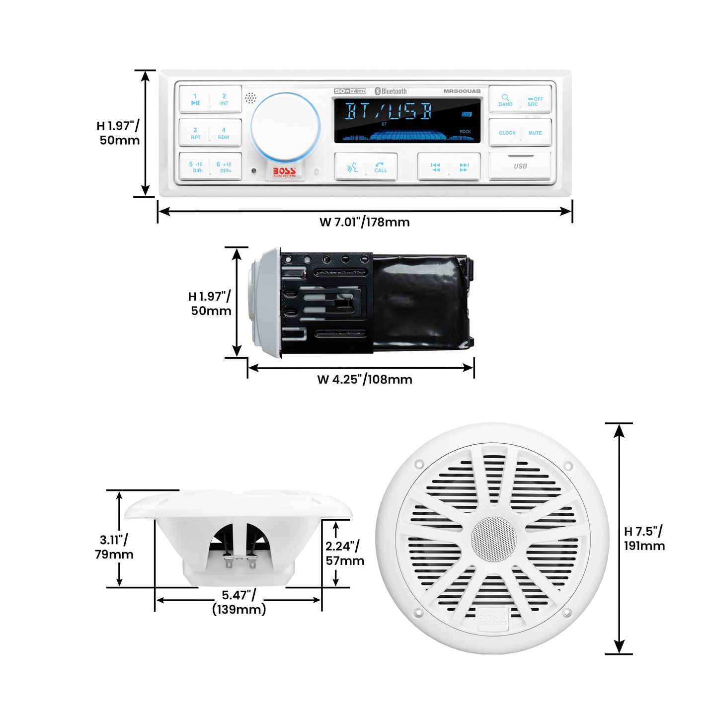 BOSS Audio Systems MCK500WB.6 Paquete de Receptor Marino y Altavoz – Resistente a la Intemperie, Audio Bluetooth, USB, MP3, Am/FM, Entrada Auxiliar, Altavoces de 6.5 Pulgadas, Antena dipolo Marino