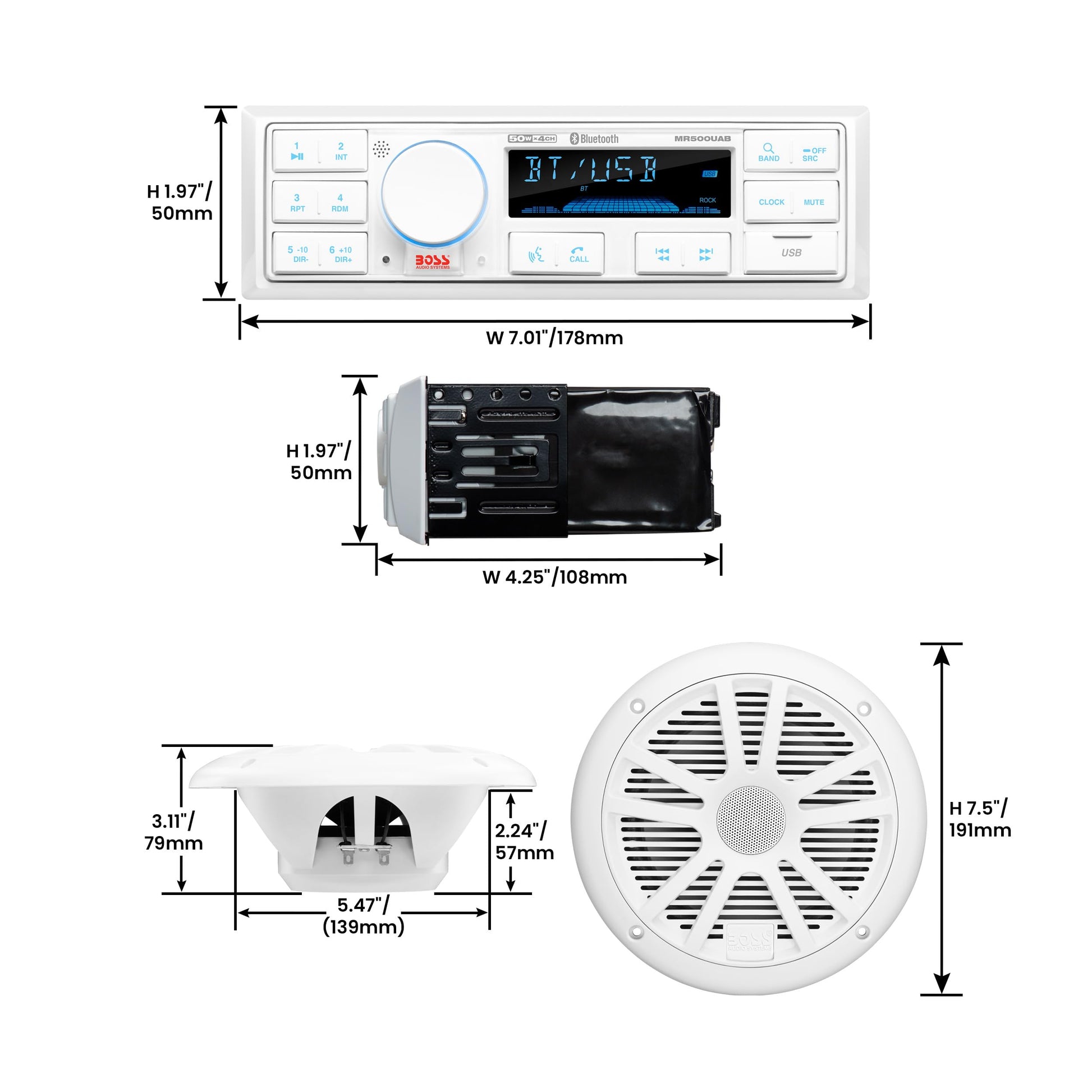 BOSS Audio Systems MCK500WB.6 Paquete de Receptor Marino y Altavoz – Resistente a la Intemperie, Audio Bluetooth, USB, MP3, Am/FM, Entrada Auxiliar, Altavoces de 6.5 Pulgadas, Antena dipolo Marino