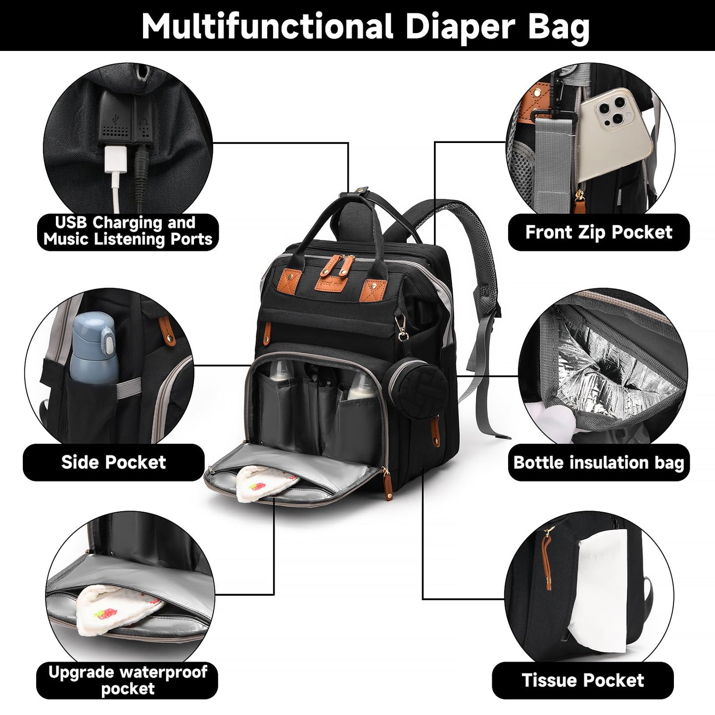 AHNTTGS - Bolsa para pañales con cambiador, Upgrade-black-2, Grande