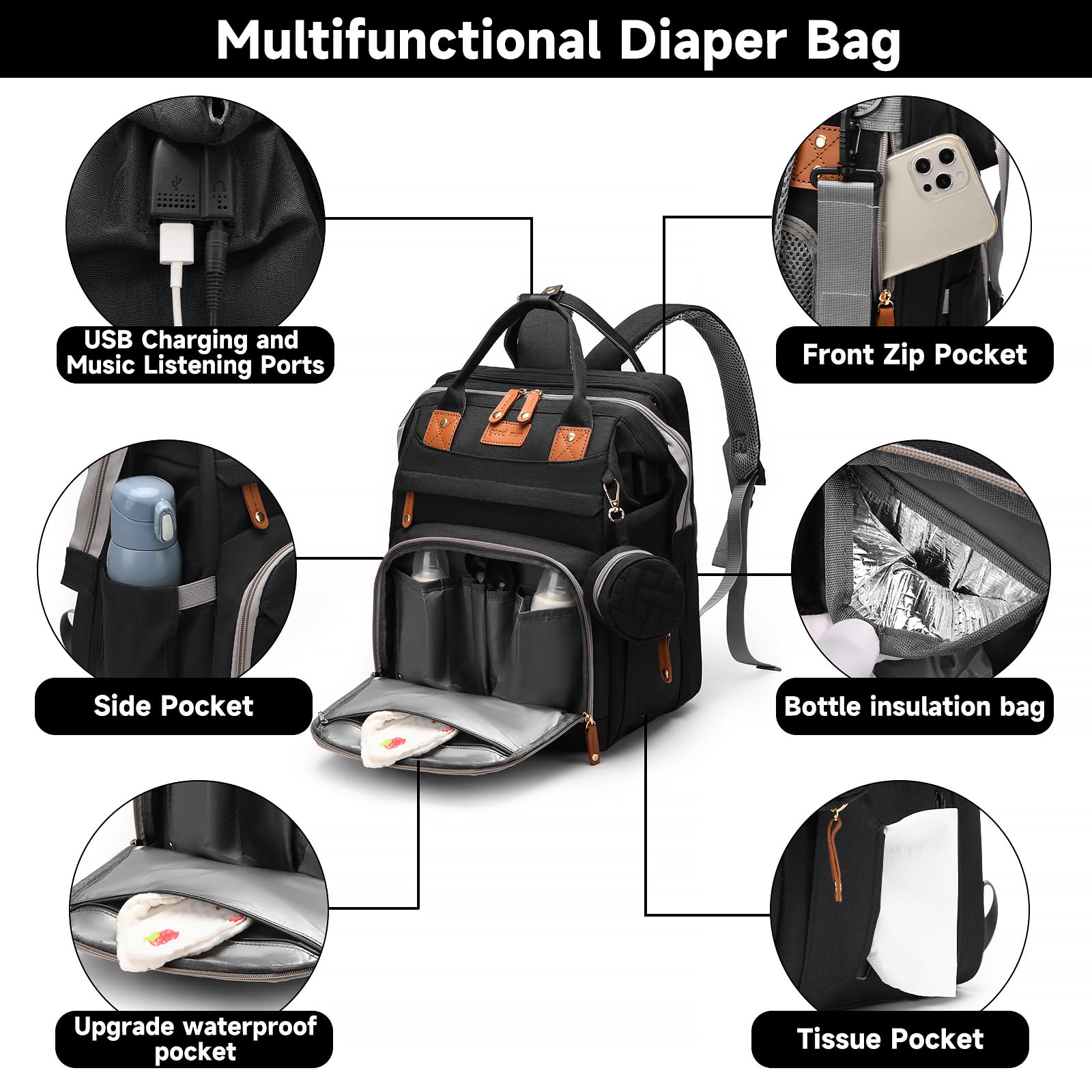 AHNTTGS - Bolsa para pañales con cambiador, Upgrade-black-2, Grande