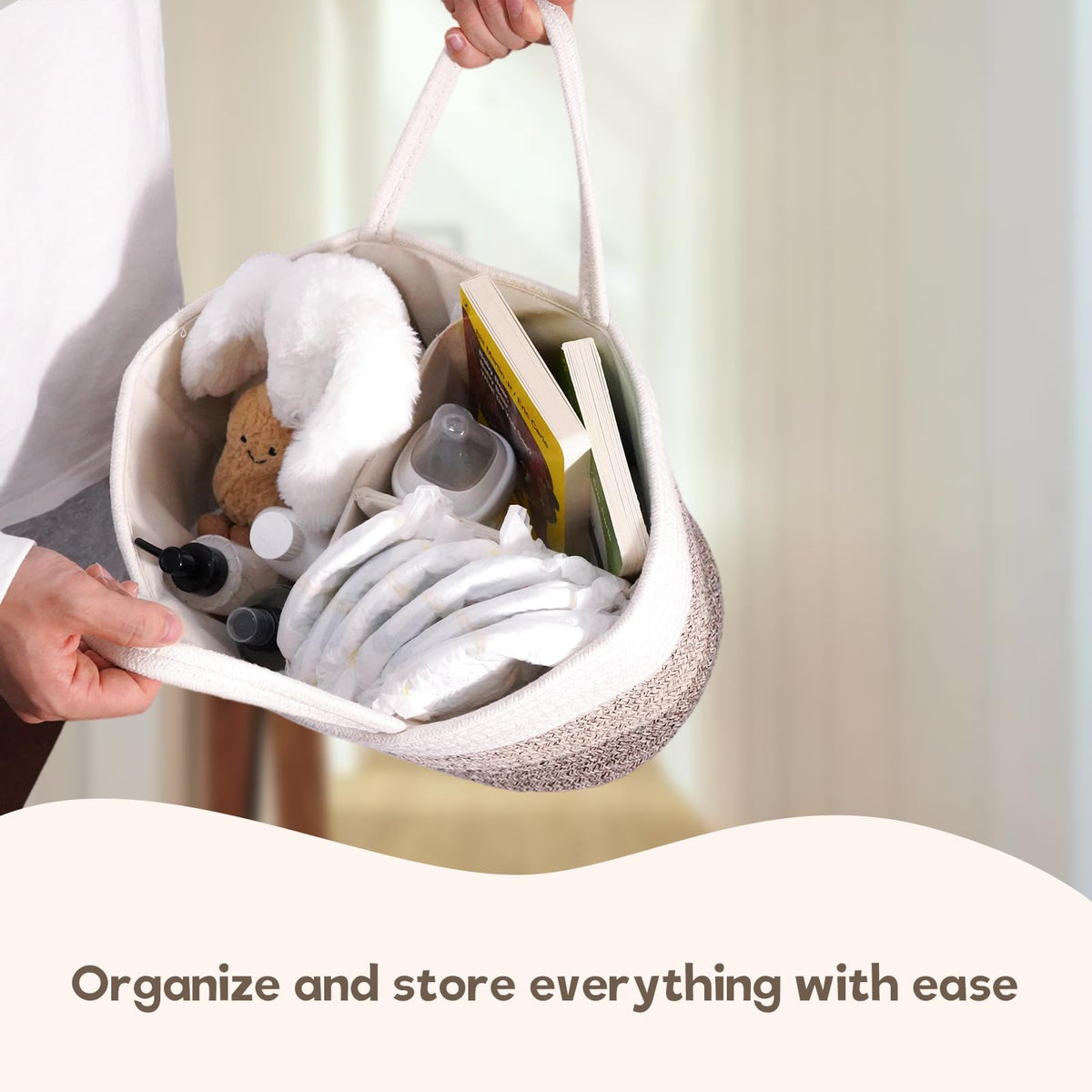Organizador de pañales para bebé, cesta de pañales grande de cuerda de algodón, organizador de cambiador, bolsa portátil con divisor, almacenamiento de coche, regalos de baby shower para niñas recién