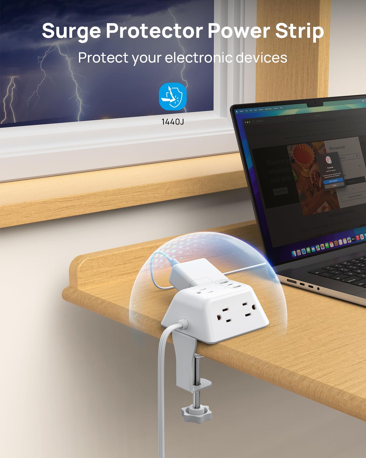 TROND Regleta Multicontacto con Abrazadera 1.8M, 5 Tomas AC y 3 Puertos USB, Protector de Sobretensión, Montaje en Escritorio, Apto para Mesas de 1.97", Ideal para Hogar, Oficina y Juegos,Blanco