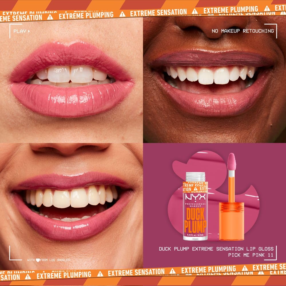 NYX Professional Makeup, Duck Plump, 7ml. Tono: Pick me Pink (rosa). Brillo labial voluminizador con efecto plumping para un volumen instantáneo. Gloss infusionado con jengibre picante para un volumen visible y de larga duración. Fórmula vegana.
