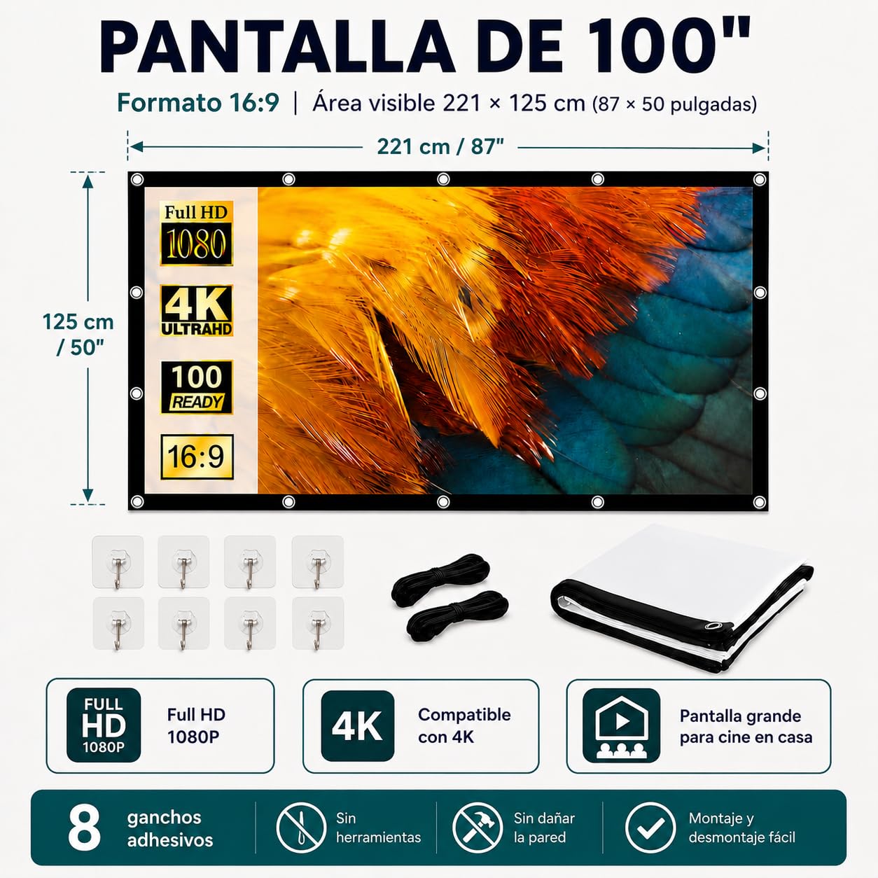 TPOUIDD Visualización de Proyector de 100 Pulgadas, Pantalla de Proyeccion Portátil Plegable HD 16:9, Resistente a Las Arrugas, Apta para Uso en Exteriores, Interiores y Cine en Casa (100 Pulgadas)