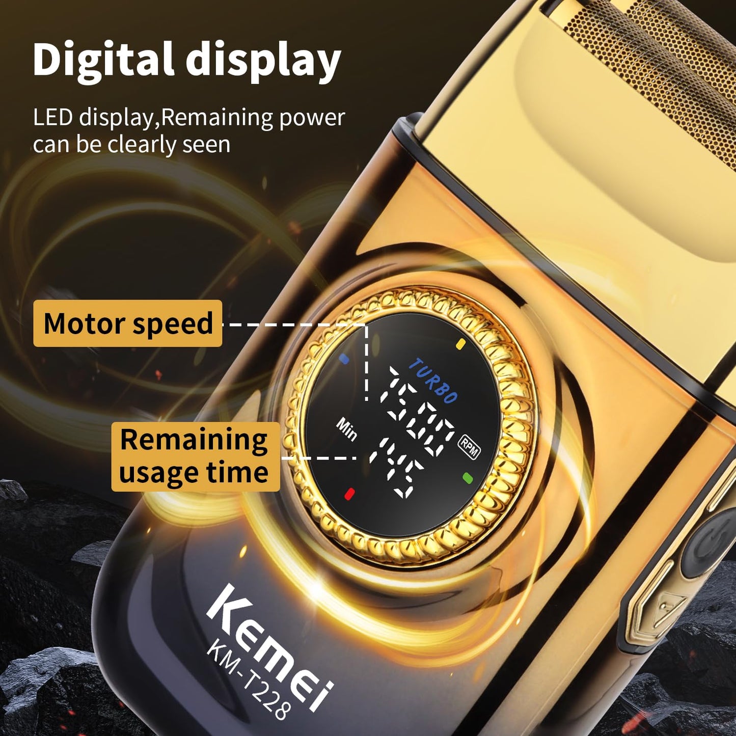 KEMEI KM-T228 - Afeitadora eléctrica para hombres con pantalla LED redonda grande (velocidad del motor y tiempo restante), 3 velocidades (6500/7000/7500 RPM), carga USB-C, doble lámina y cabezas de