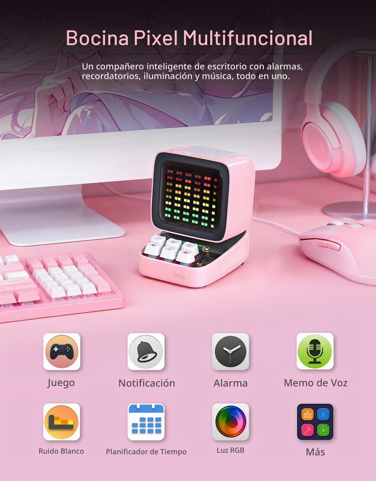 Altavoz Bluetooth Pixel Art Divoom Ditoo Rosa con Pantalla LED RGB y Teclado Mecánico