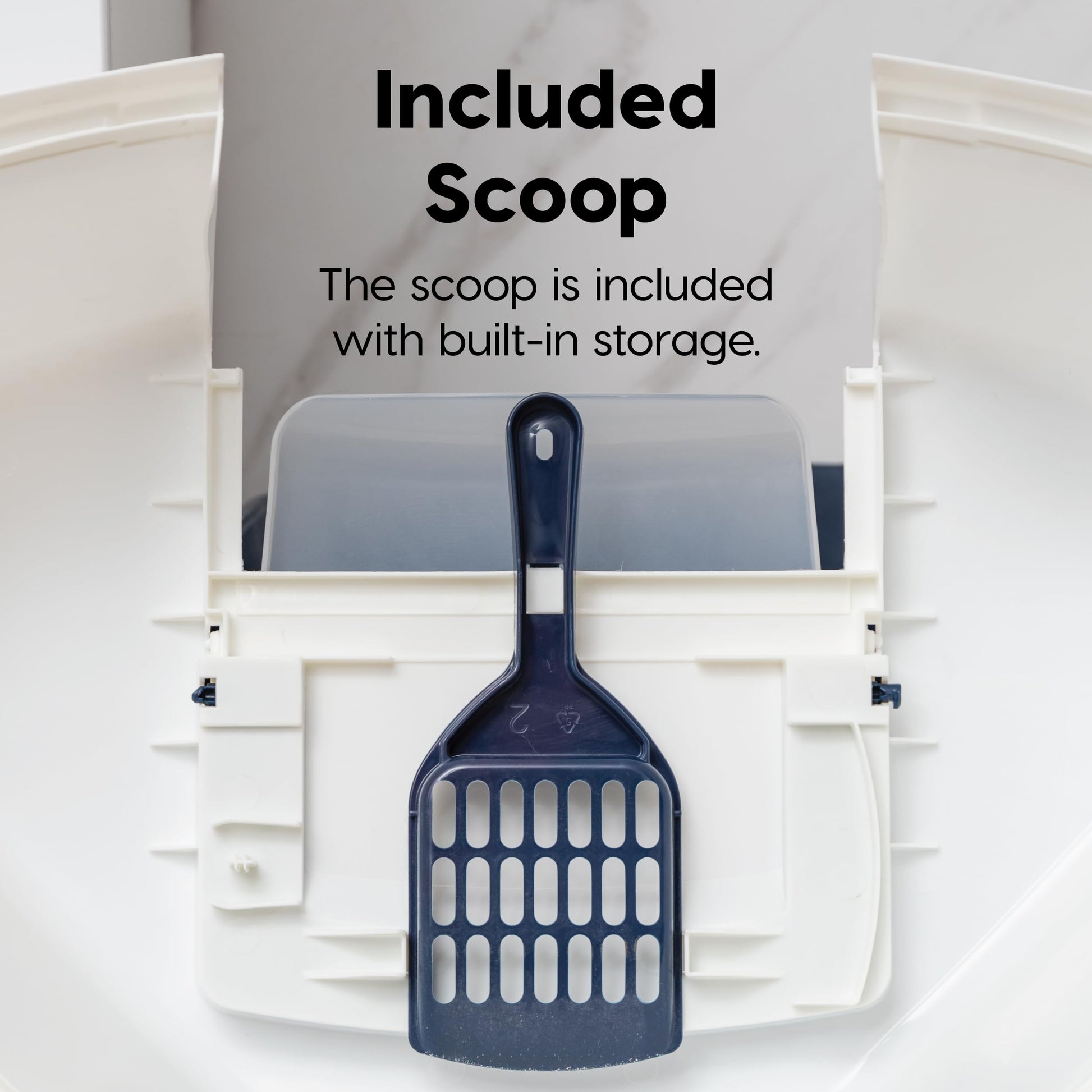 IRIS USA Large Enclosed Corner Cat Litter Box with Front Door Flap and Scoop, Hooded Kitty Litter Tray with Easy Access Lift Top Handle and Buckles for Portability and Privacy, Navy/White