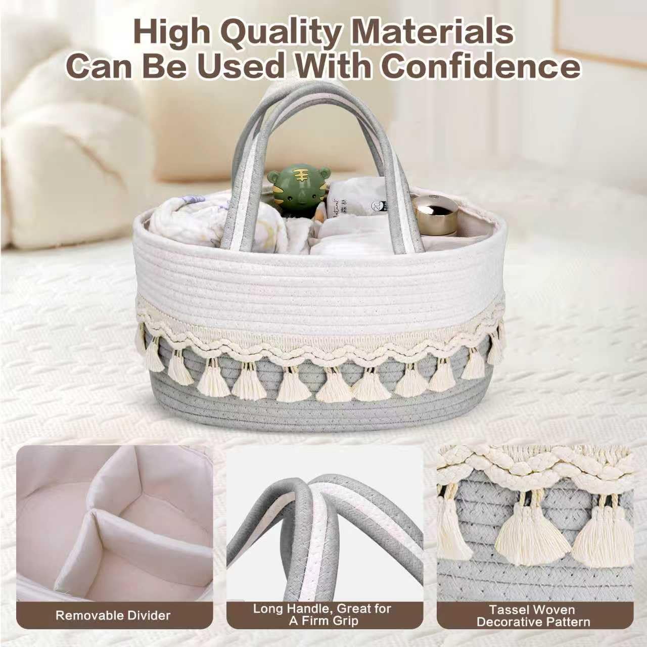 TUWEIPAIKE Organizador de pañales, elegante cesta de almacenamiento de guardería, cesta de baby shower con aspecto decorativo de borla, cesta de almacenamiento portátil adecuada para viajes familiares