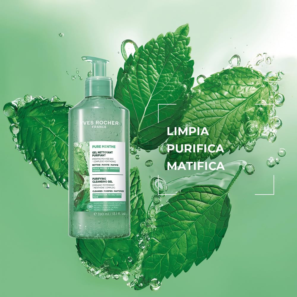 YVES ROCHER - Pure Menthe Limpiador Facial en Gel, Purifica y Matifica, Fórmula Vegana, Piel Grasa a Mixta, 390 ml