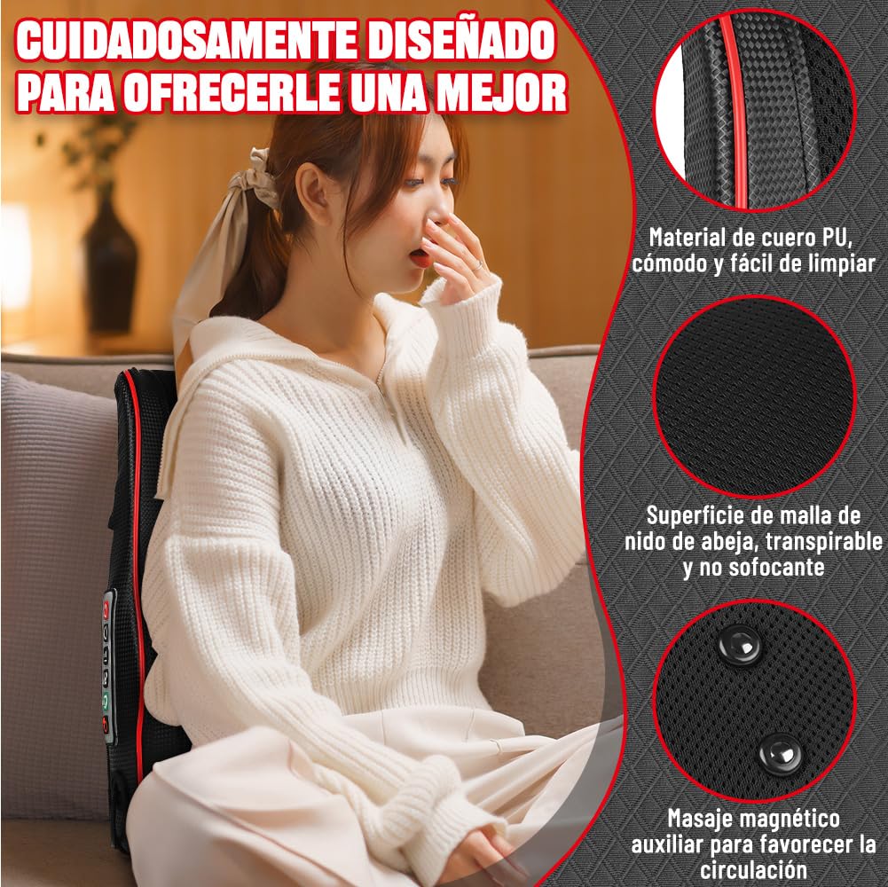 Meanton Almohada de Masaje Eléctrica, Masajeador de Cuello con Calor, Masajeador de Espalda Shiatsu de Amasado 3D, Espalda y Cuello
