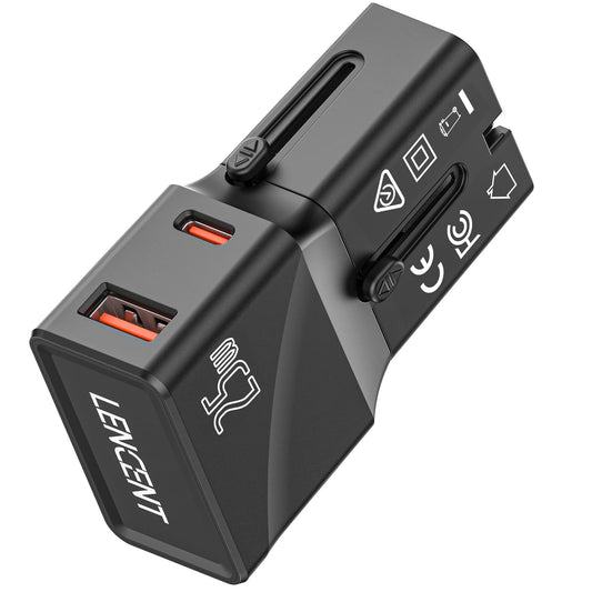 LENCENT Adaptador de Viaje Internacional, Cargadores USB C, Carga Rápida PD 25W & QC 3.0 Tipo C, Cargador de Pared, Adaptador de Enchufe Universal para EU/UK/EE.UU./AUS