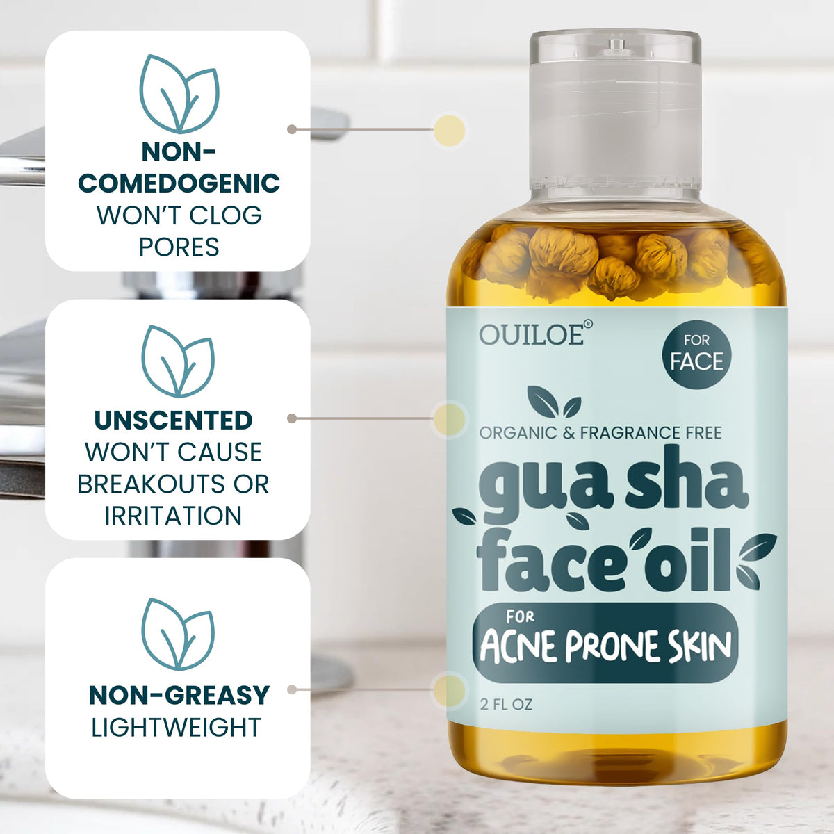 Ouiloe Aceite Gua Sha - Aceite Facial Sin Perfume Para Masaje Gua Sha - Seguro Para Piel Propensa Al Acné, No Obstruye Los Poros, Aceite Facial 100% Natural, Ligero Y No Grasiento Pa