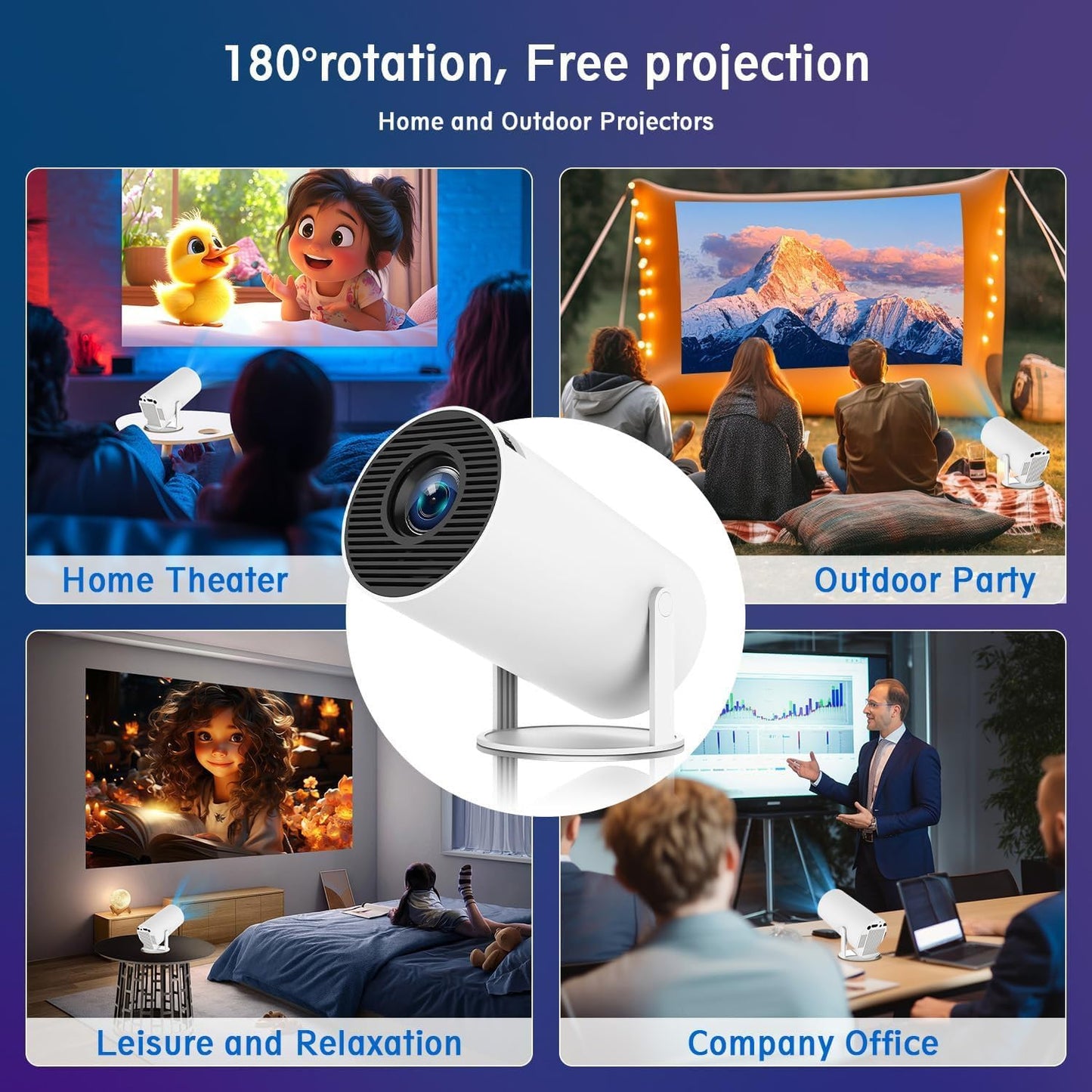 Mini Portable Projector 4K WiFi 6 BT 5.2 Upgraded Portable Projector Full HD Supported for Phone /PC /TV /HDMI /PS5 /Laptop Auto Keystone Home Theater 180° Rotation [Built-in App] White
