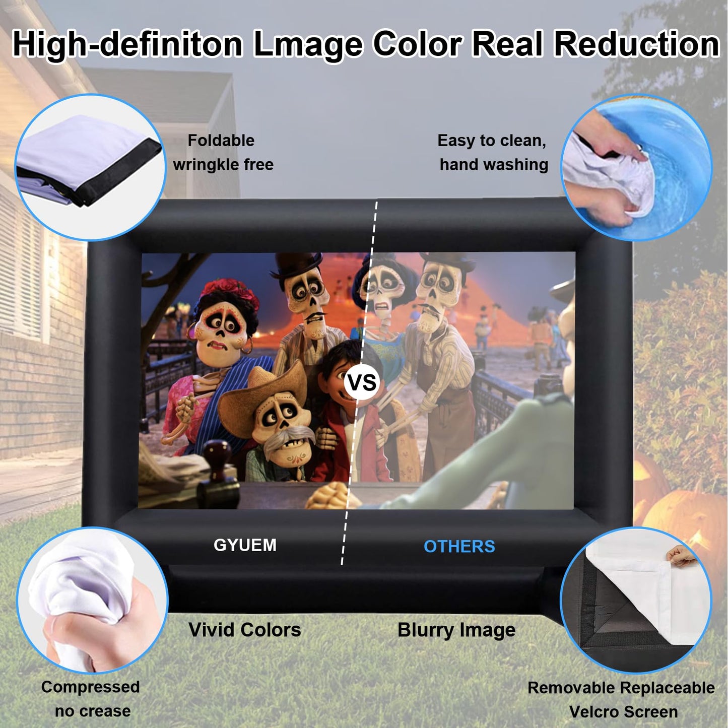 GYUEM - Pantalla de proyección de 22 pies – Pantallas de Cine inflables para Exteriores e Interiores, Ideal para Fiestas al Aire Libre y diversión en el Patio Trasero