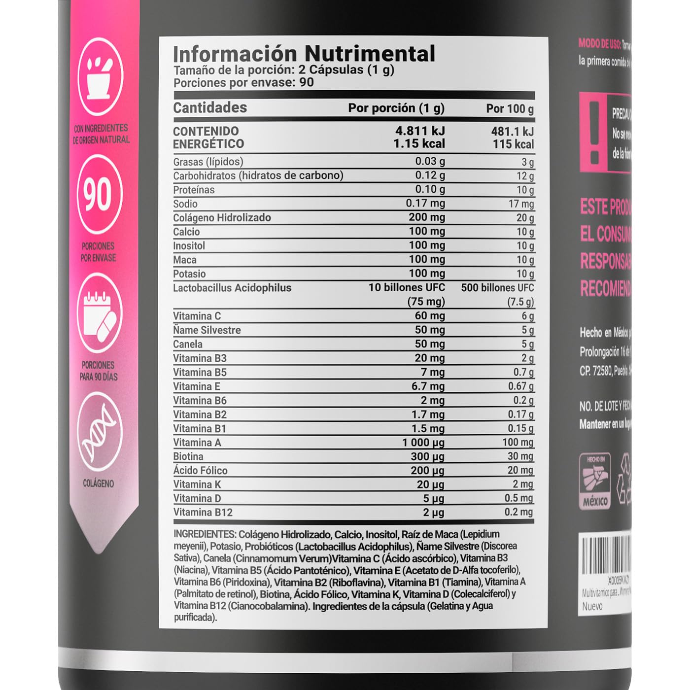 B Life Company Multivitamínico para Mujer Mayor de 40 años con 180 Cápsulas. Ingredientes naturales: Colágeno, Inositol, Maca, Probioticos. Womens Mult Matur3