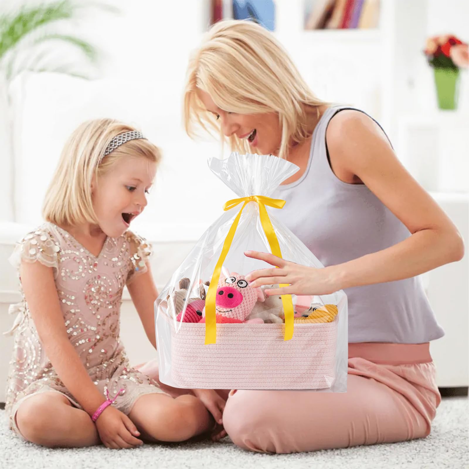 OIAHOMY - Bonita cesta tejida con bolsas de regalo y cintas, cesta de regalo vacía para baby shower, cumpleaños, cuarto de bebé con asas para sala de estar, contenedores de juguetes para mascotas para