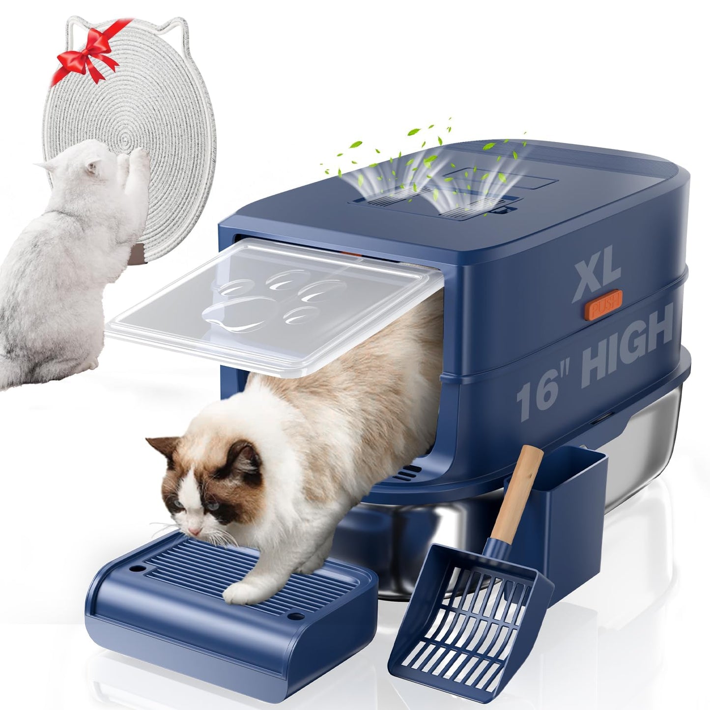 Rykostex Arenero de Acero Inoxidable con Tapa para Gatos - Arenero Cerrado 3 En 1 XL, Extragrande, con Control de Olores, de Metal, para Varios Gatos Grandes. Incluye Escalón, Pala Y Rascador.