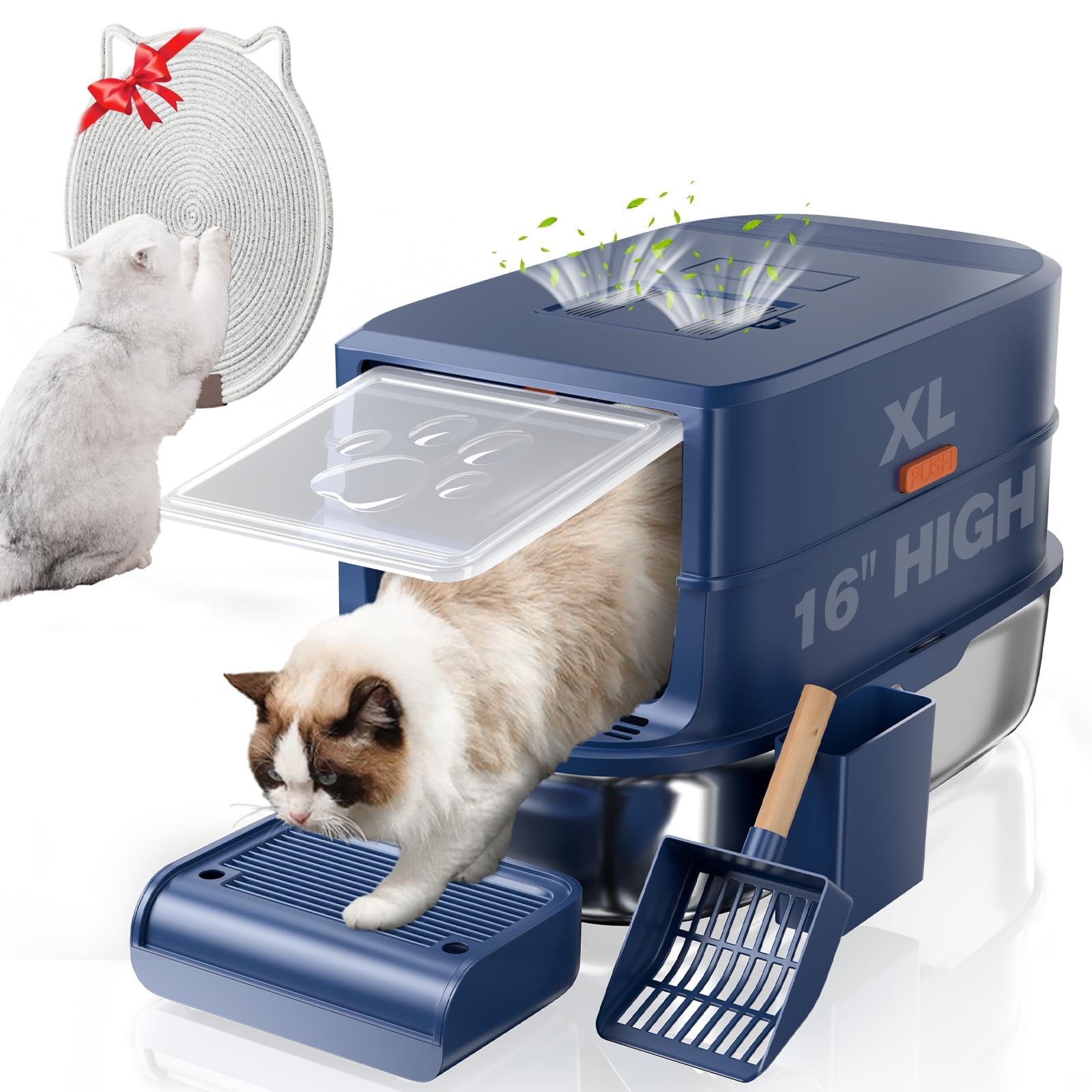 Rykostex Arenero de Acero Inoxidable con Tapa para Gatos - Arenero Cerrado 3 En 1 XL, Extragrande, con Control de Olores, de Metal, para Varios Gatos Grandes. Incluye Escalón, Pala Y Rascador.