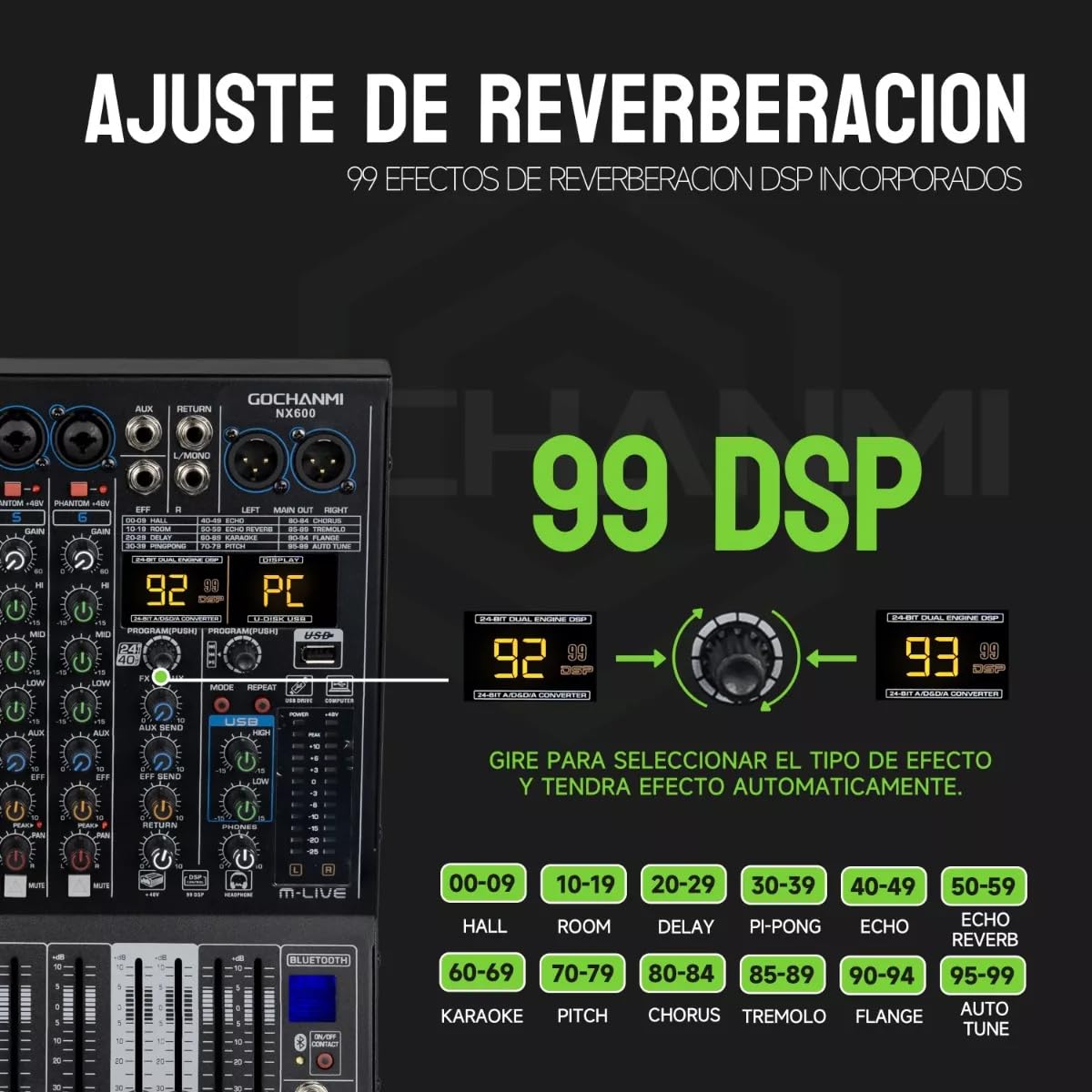 GOCHANMI NX600 Mezcladora de Audio 6 Canales 99 DSP Efectos Preamplificador Mixer USB Interfaz Bluetooth con independiente 48V Alimentación Fantasma y un ecualizador de 7 segmentos