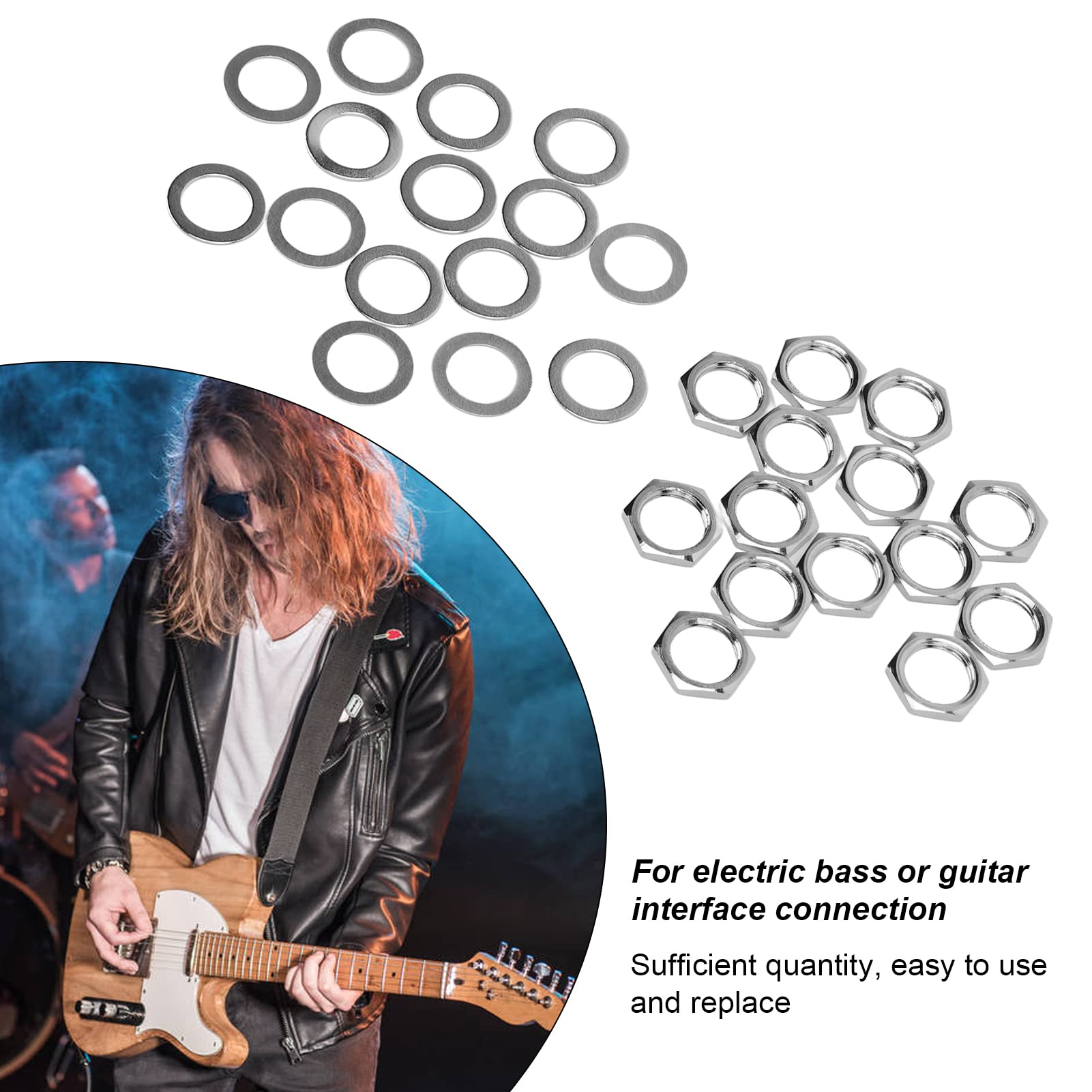 Arandela de metal Jack, tuercas G3 / 8 de alta dureza con paso de 0.8MM para guitarra eléctrica y bajo(Plata)