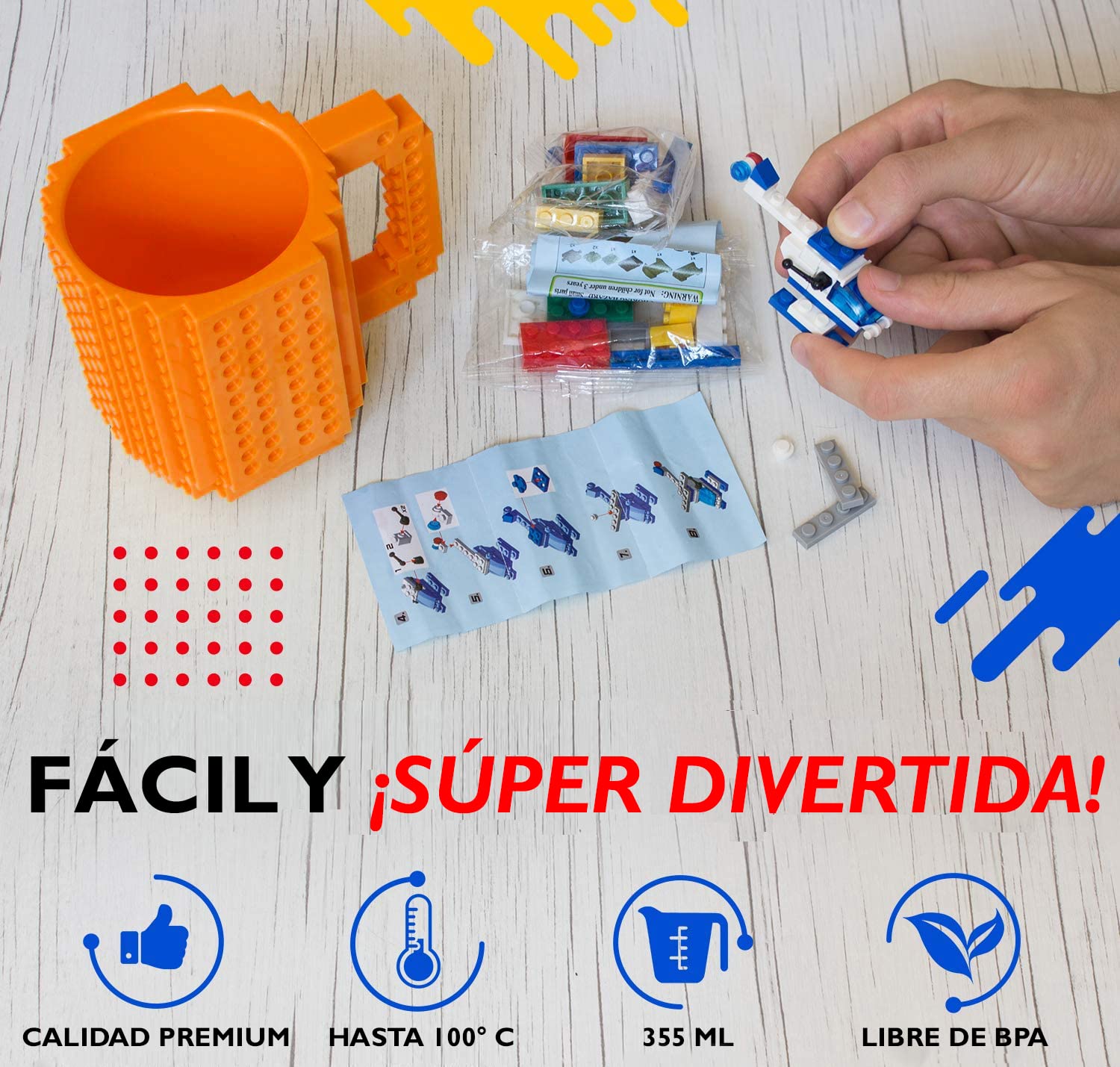 John & John Taza armable de diseño Divertido para Ladrillos, Incluye un muñeco y 2 Sets de Bloques de construcción para Jugar (10 Colores) - Naranja