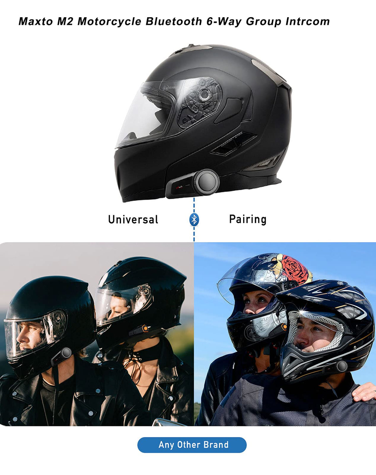 Auriculares Bluetooth MaxTo M2 Negro Impermeables con Intercomunicador para Motocicleta