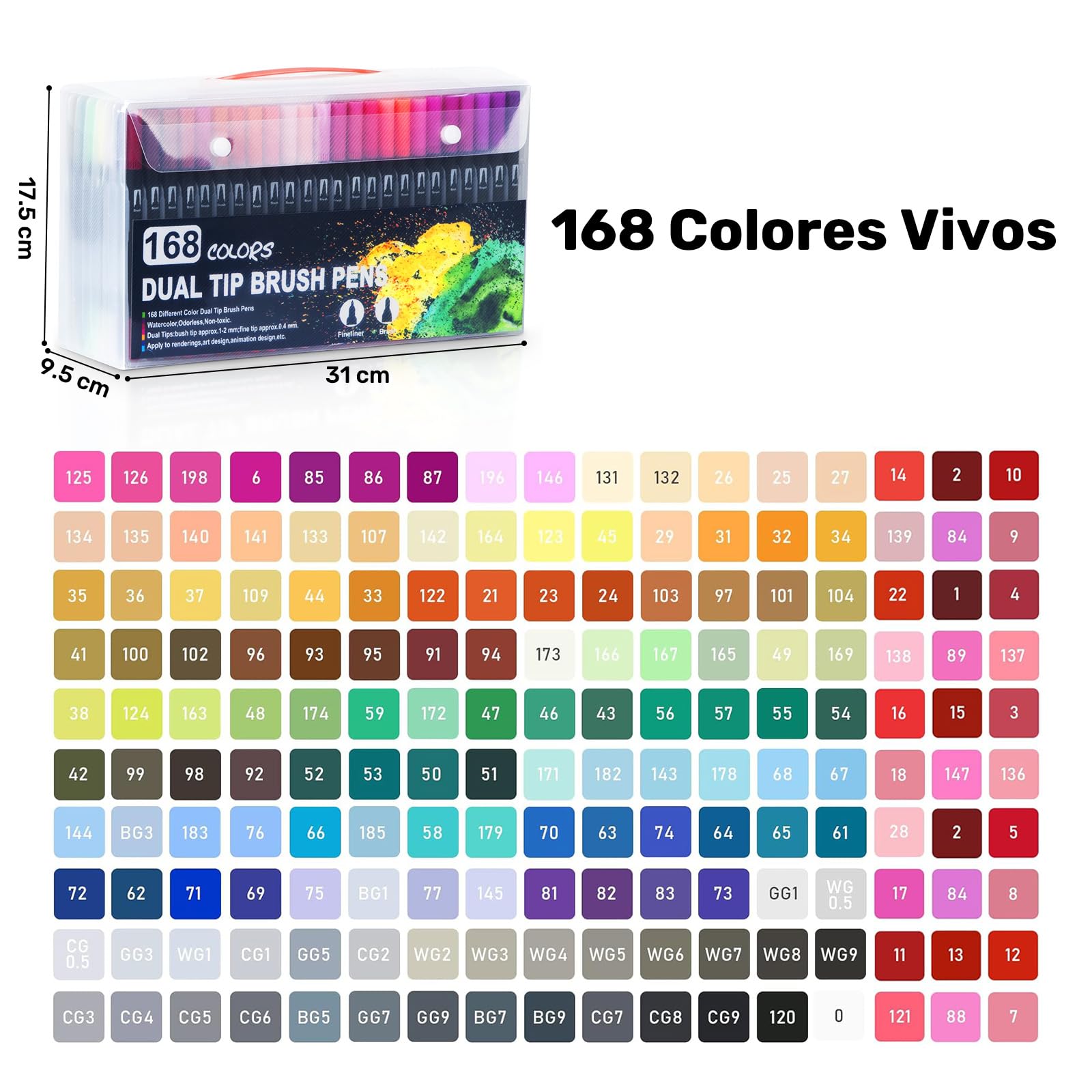 CROSPIN 168 Colores Plumones Punta de Pincel, Rotuladores de Dibujo con Doble Punta, 0.4mm, 1-4mm, Rotuladores Acuarelables No Toxica, Regalo para Colorear Libro, Caligrafia, Lettering