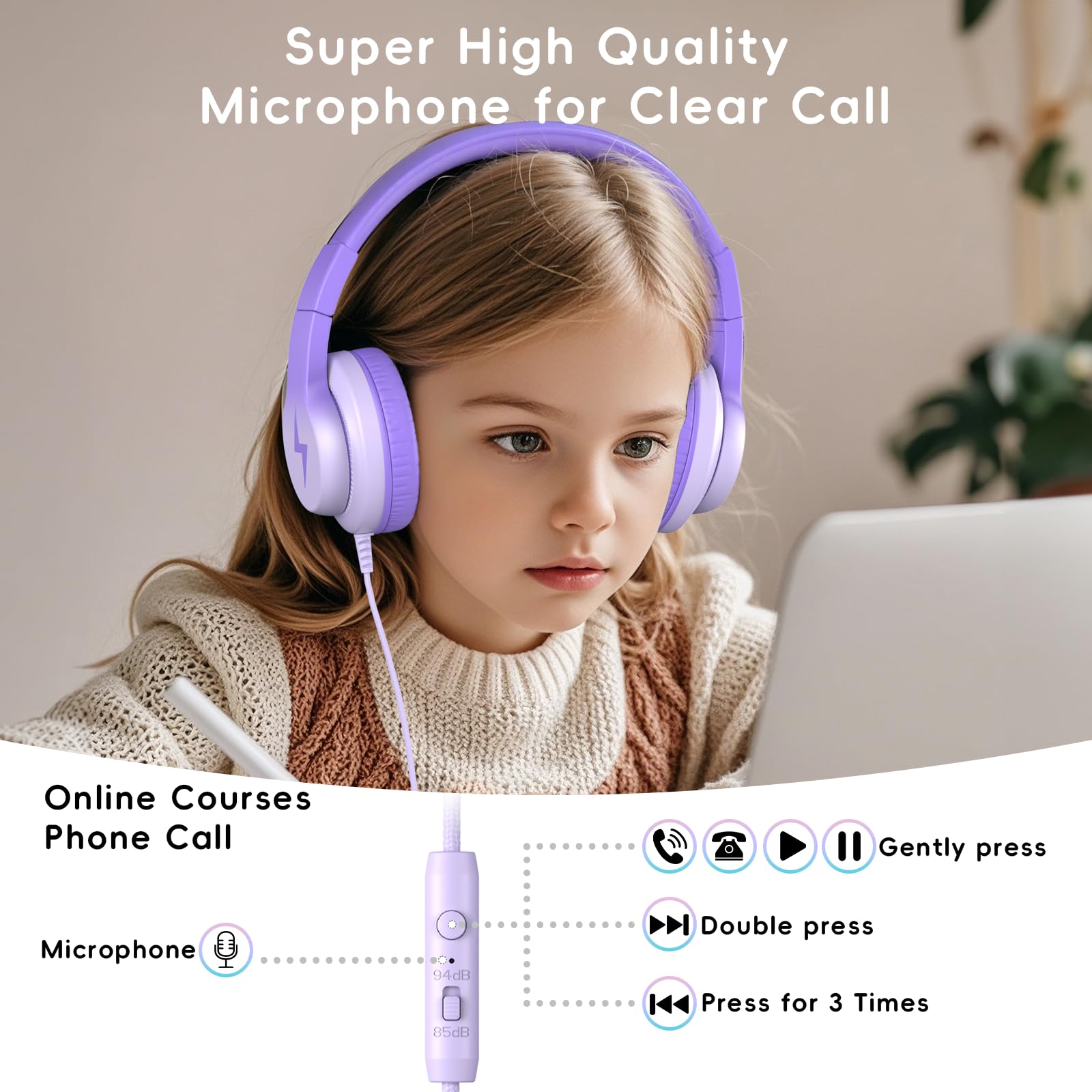 Candy Bila - Auriculares con cable para niños, con micrófono, limitador de volumen de 85/94 dB para niñas y niños, auriculares plegables para aprendizaje y entretenimiento, color morado oscuro