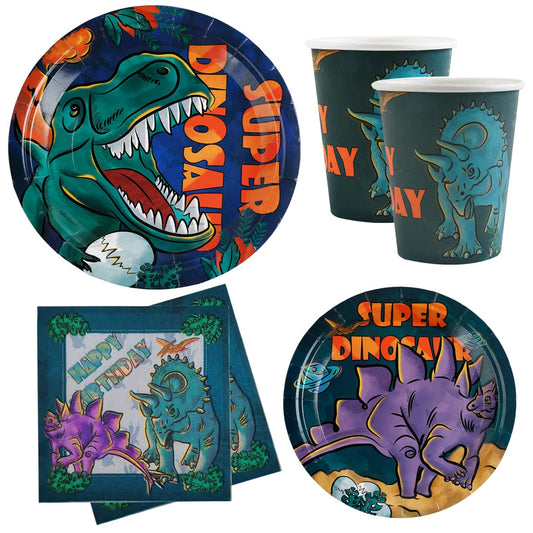 Juego de vajilla para fiesta de cumpleaños de dinosaurios para niños, 20 invitados, kit de suministros para fiesta de cumpleaños de dinosaurio, incluye platos de fiesta de dinosaurio, servilletas, tazas