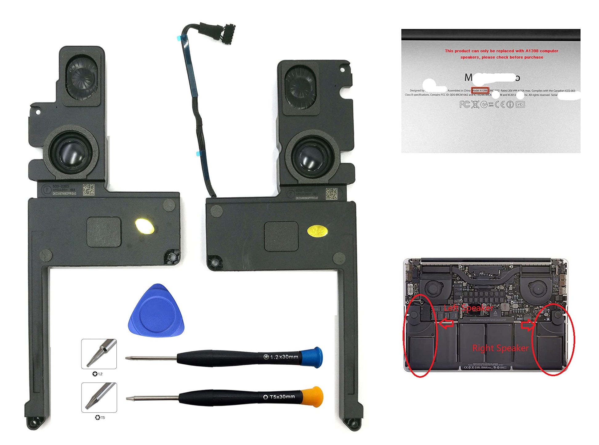 Ittecc Replacement Internal Speaker Left+Right Set Fit for Apple MacBook Pro 15" Unibody Retina A1398 Series (Mid 2012, Early 2013) 2014 2015
