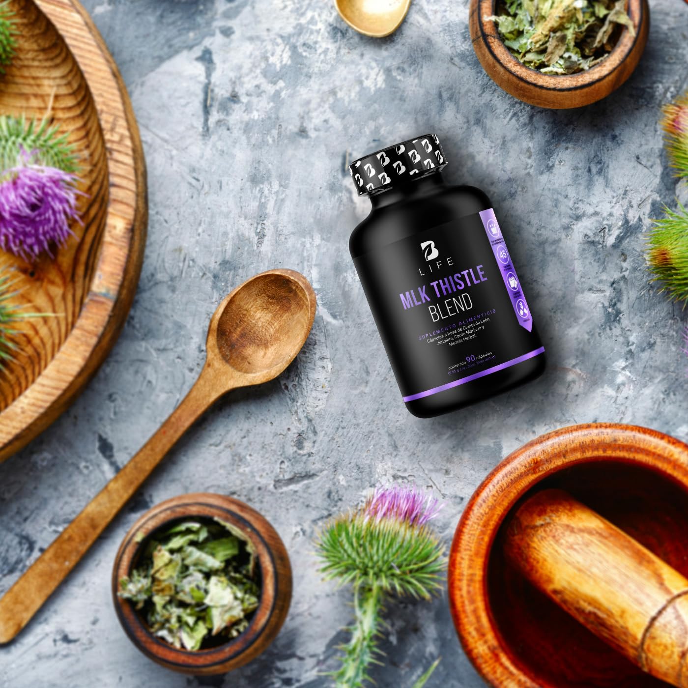 Cardo Mariano 90 cápsulas 1100 mg por porción. Hoja de Diente de León, Raíz de Jengibre y Mezcla Herbal. Ingredientes naturales. Mlk Thistle Blend B Life.