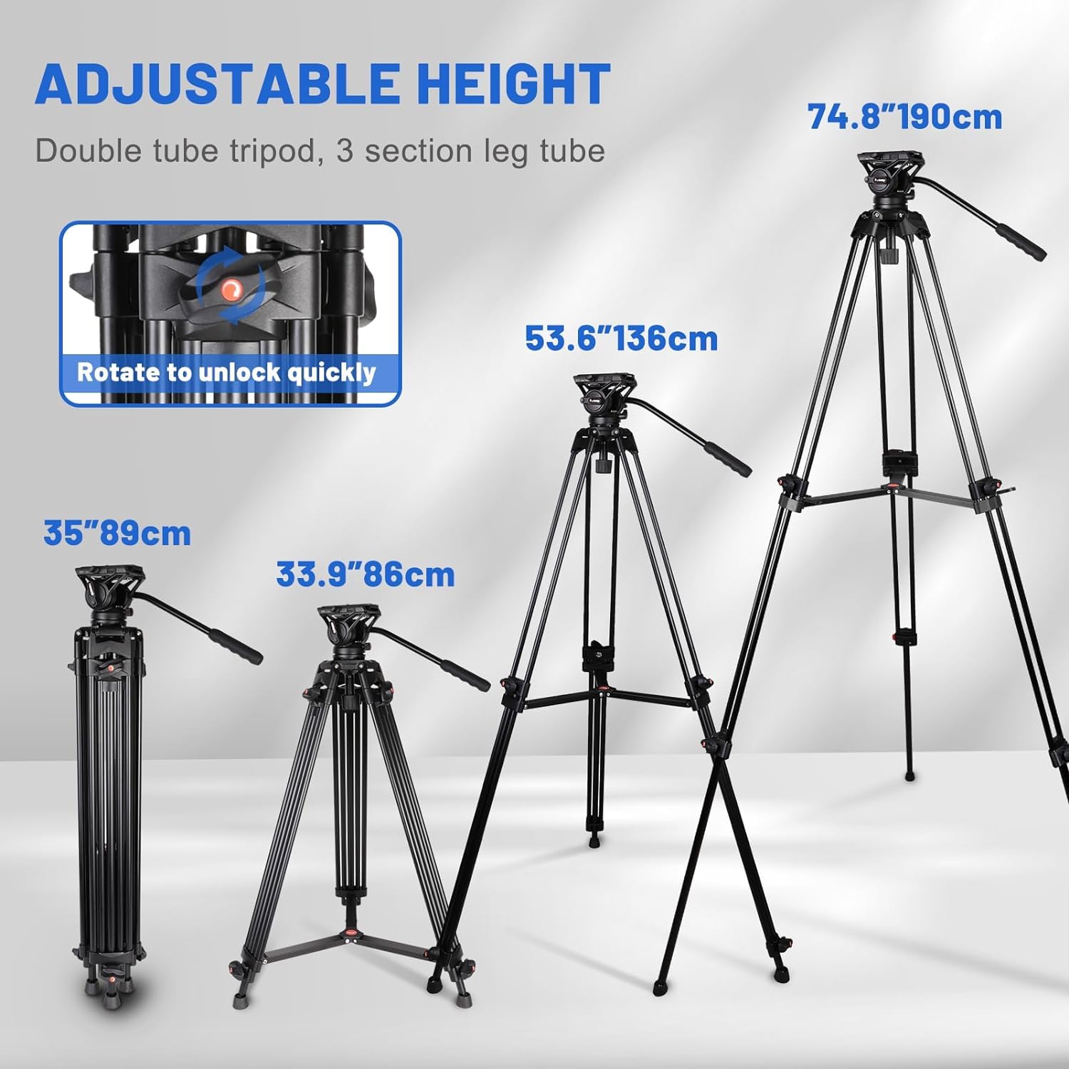COMAN - Trípode de Video, 74 Pulgadas, Profesional, Resistente, con Placa de liberación rápida y Cabezal de Fluido de 360°, Soporte de trípode de Viaje Alto para DSLR, videocámara, Pata de Tubo Doble