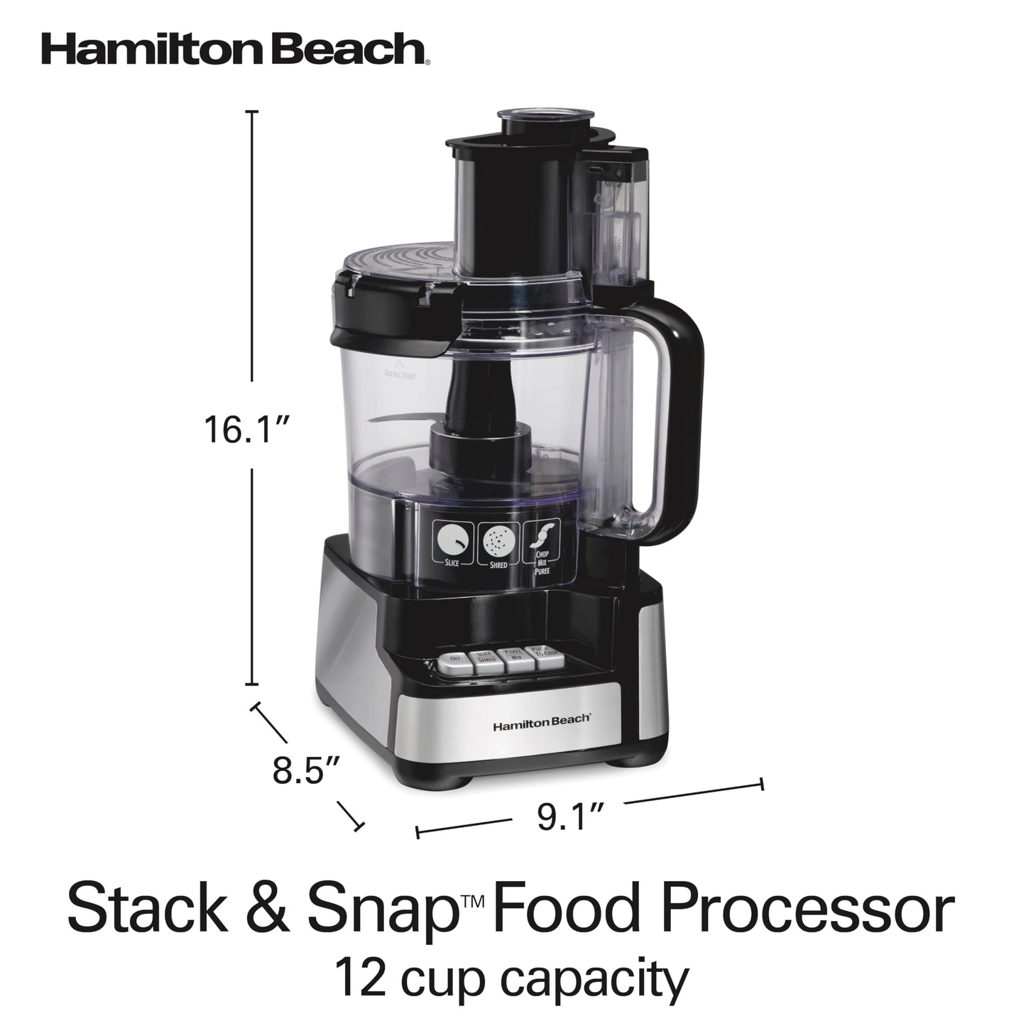 Hamilton Beach 70725 Procesador de alimentos de 12 tazas Stack & Snap, Negro