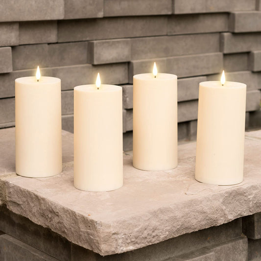 LampLust - Velas sin llama impermeables para exteriores, paquete de 4, 3 x 6 pulgadas, juego de velas LED parpadeantes con control remoto y temporizador incluidos, funciona con pilas, velas al aire