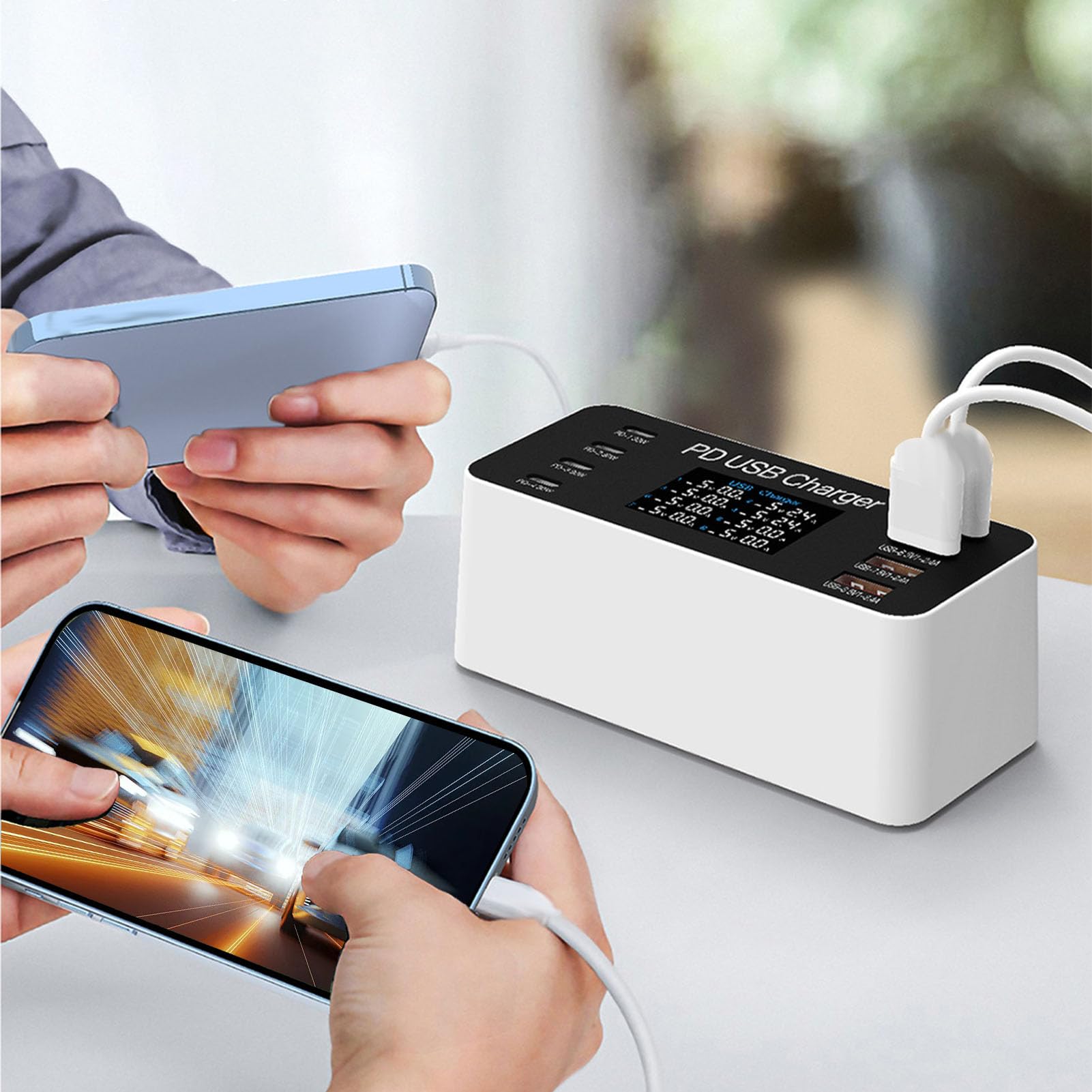 ciciglow Cargador USB, Estación de Carga USB de 8 Puertos de 65 W, Cargador de Concentrador USB Multipuerto, Pantalla LCD de Tamaño Compacto, Compatible con Auriculares Bluetooth para