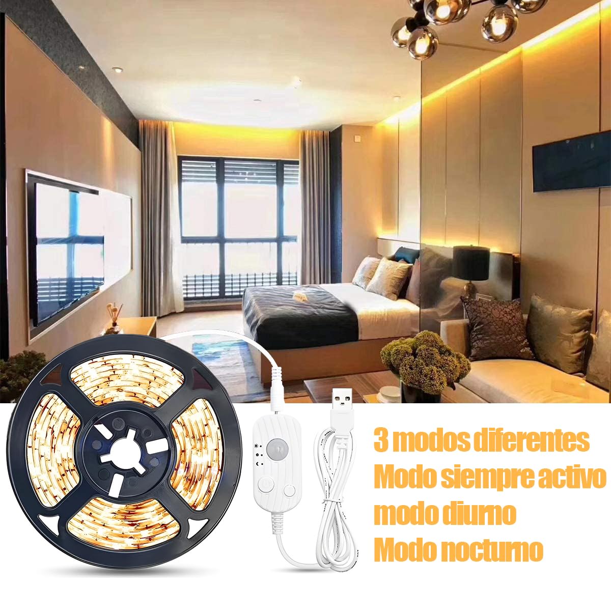 BAGOTT Tira de Luces Led, 3M Luz Led Regulable con Sensor de Movimiento, 180 LED, 3500K Brillo Ajustable para Cocina, Recámara, Sala de Estar, Dormitorio (Blanco Calido)