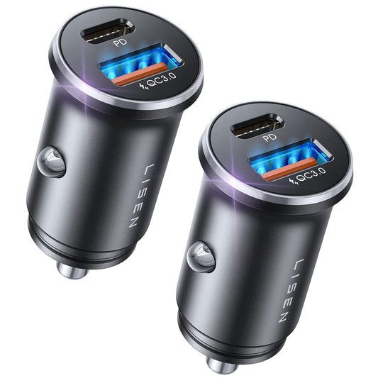 LISEN 54W 2 Piezas Cargador para Auto Rapida PD 30W [Todo Metálico], Cargador Auto Tipo C QC 18W, Carga para Carro Compatible con iPhone 16/15/14 Pro MAX, Galaxy S25/24/23 Ultra, Xiaomi, Motorola