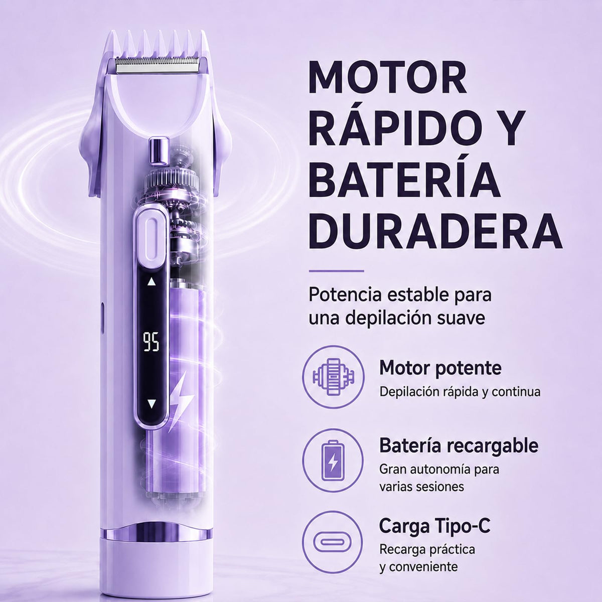2 En 1 Maquina para depilar mujer, rasuradora eléctrica mujers, con Luces Auxiliares, Doble Cabezal | Recargable Type-C e IPX7, para Bikini Facial Brazos Axilas (Morado)