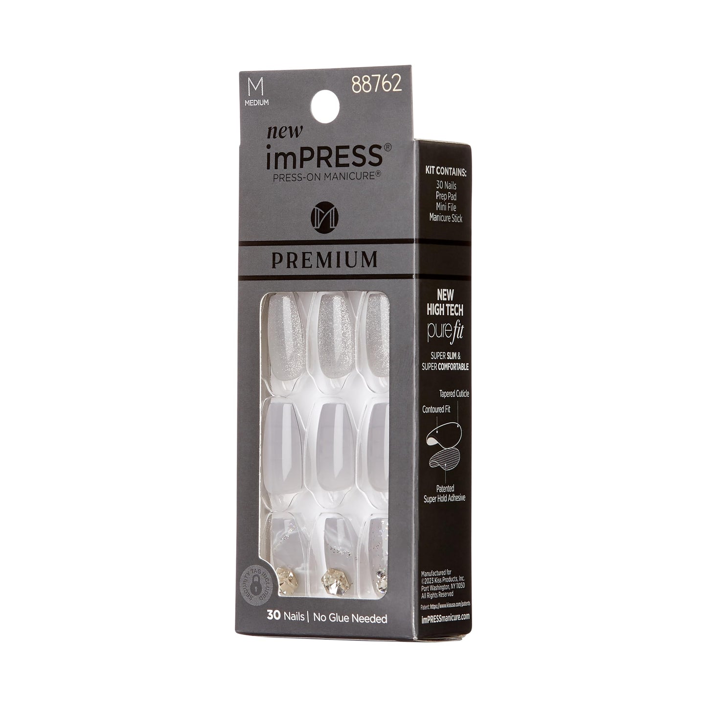 KISS imPRESS Press-On Manicure Premium Collection Fake Nails - Legacy, Gray, V-Cut Stone, Medium & Ballerina/Coffin Shape, Easy To Apply, Super Hold, Chip Proof, Smudge Proof, No Dry Time | 30 Count