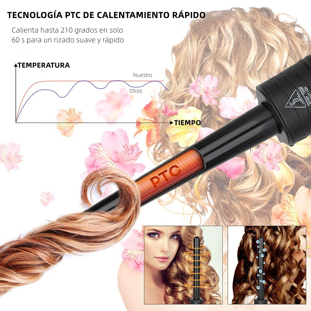 Rizador de Cabello, 3 en 1 Pinzas Rizadoras con Guantes, Rizador de Pelo de Cerámica Ajustable con Peines y Clips Juego de varillas de rizador de pelo con LED de Temperatura Ajustable para Cabello Largo y Corto Herramientas de Peinado