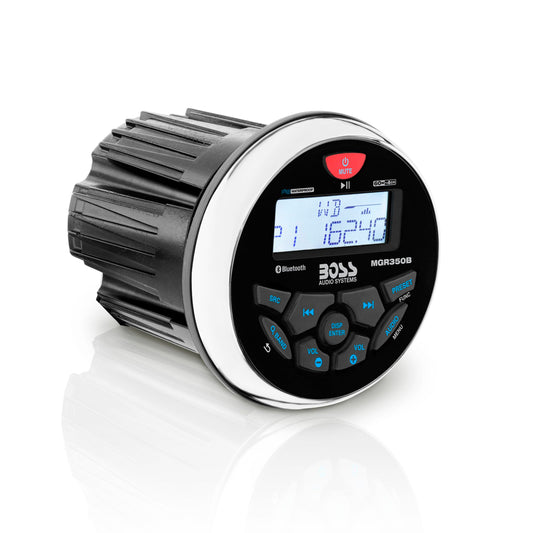 BOSS Audio Systems MGR350B - Receptor de indicador estéreo para barco, unidad principal Bluetooth, sin reproductor de CD y DVD, amplificador de 4 canales incorporado, resistente a la intemperie, USB,