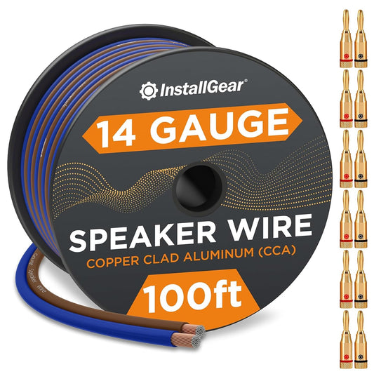 InstallGear 14 Gauge AWG 100ft Speaker Wire Cable with 12 Banana Plugs